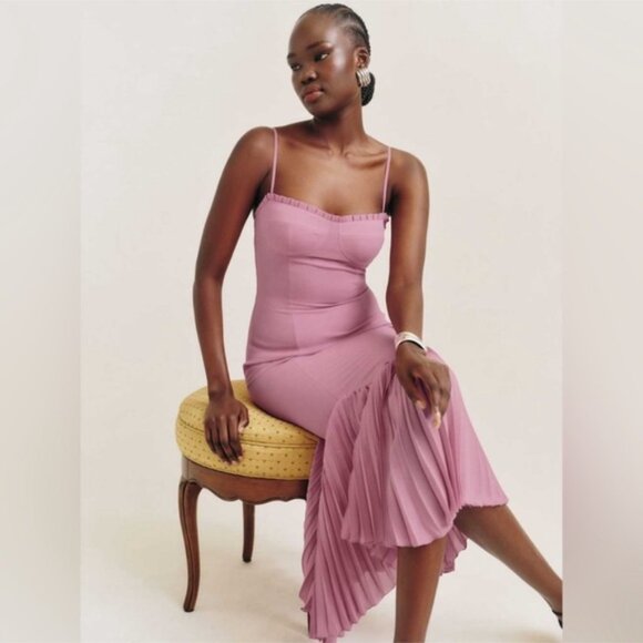 Reformation Aiko Pink Pleated Hem Midi Dress - Picture 2 of 14